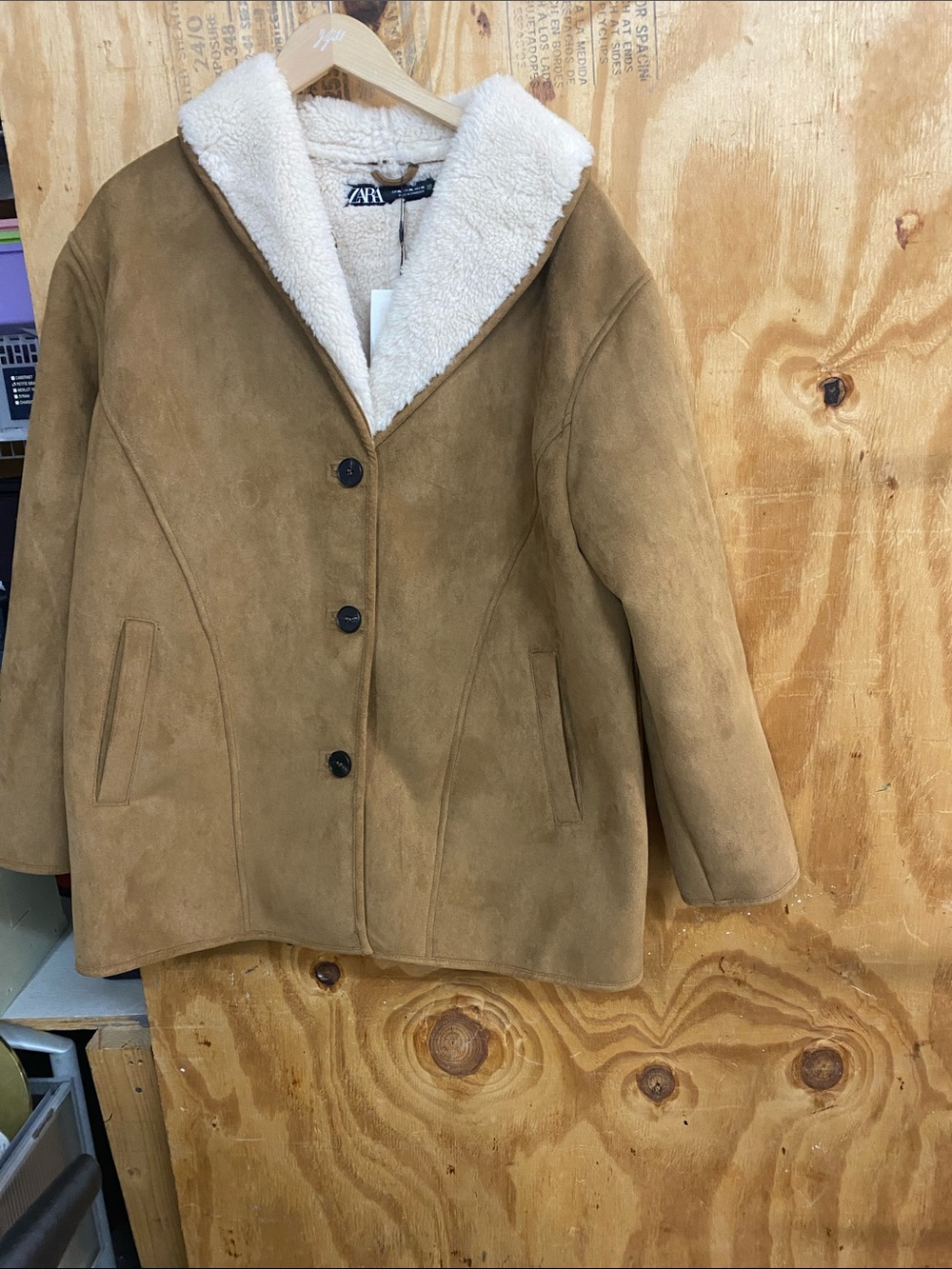 Zara Camel Suede Sherpa-Trim Coat